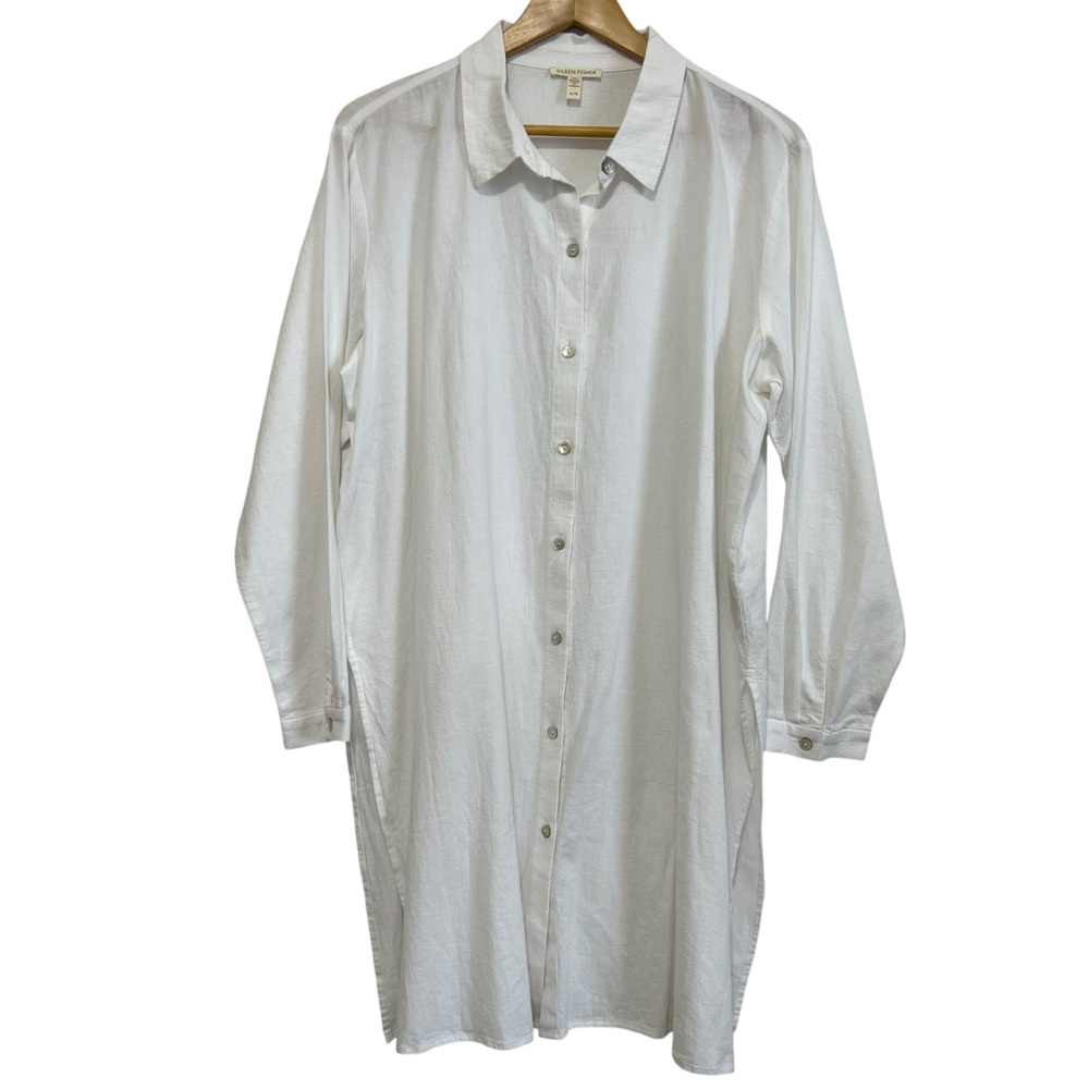 Eileen Fisher Organic Linen & Cotton High Slit Button-Up Shirt Dress White XL